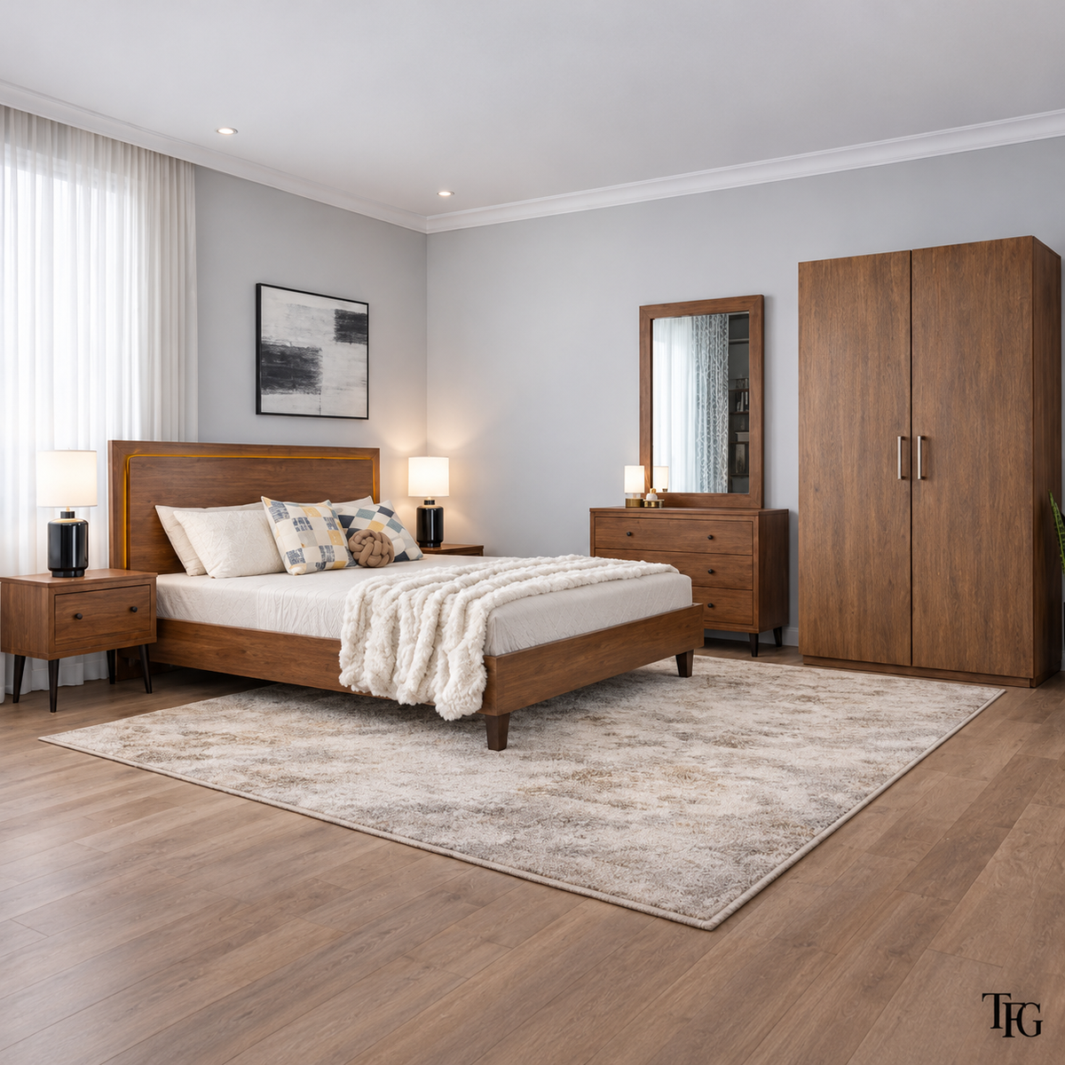 Tile Bed with LED Light on Back Board + 2 Tark Side Tables, Dresser with Mirror & 2 Door Wardrobe