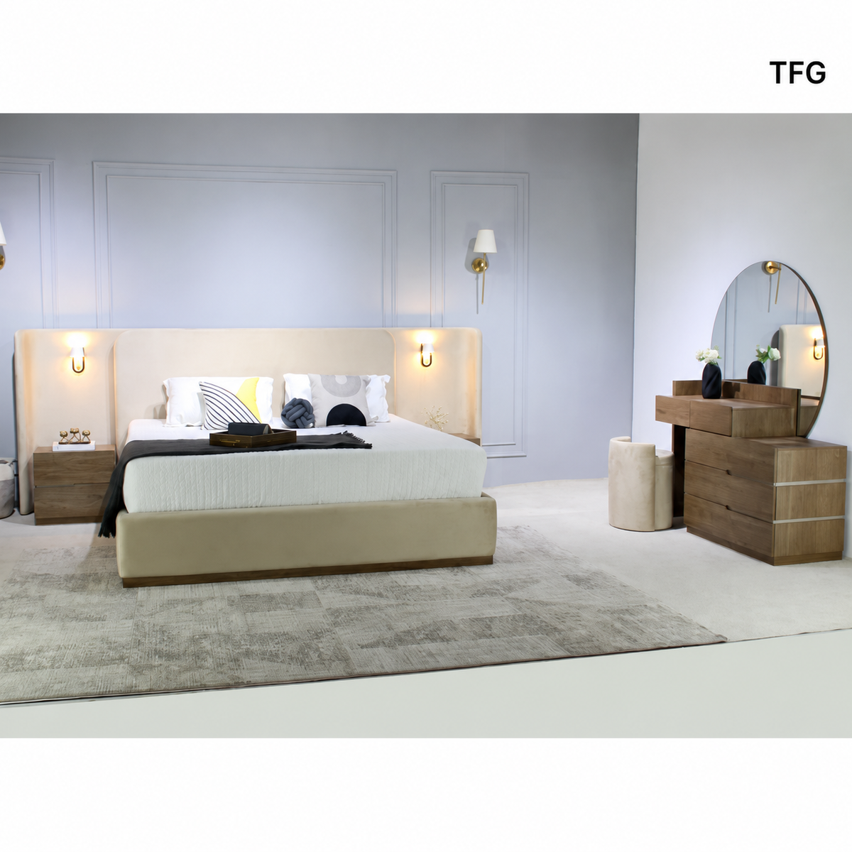 Power Bed with Extended Sides & Lights, 2 Side Tables, 1 Dresser with Mirror & 1 Stool
