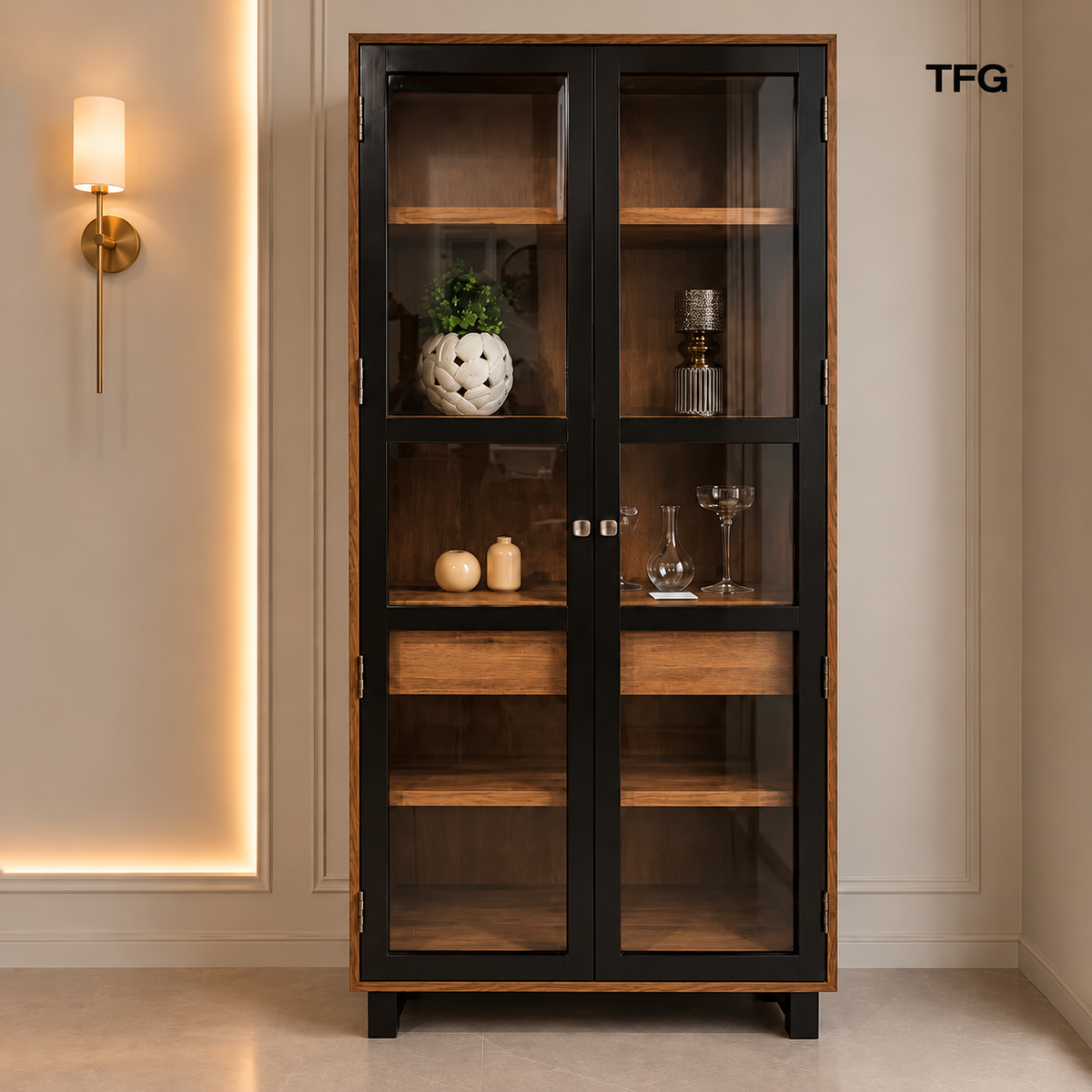 Minor Crockery Storage Unit with Solid Wood & Glass Doors – 3 feet